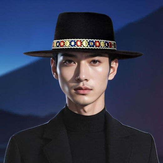 Hengyuanxiang woolen top hat for men and women, new European and American fashion flat top hat, British style dance temperament, casual jazz hat, woolen ethnic style ball sapphire blue, hat circumference 54-58CM
