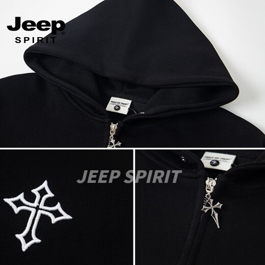 JEEP SPIRIT trendy brand hooded cardigan sweatshirt men's 2026 spring new loose versatile casual jacket men's top black S