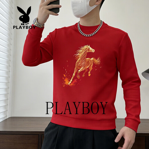 Playboy Chinese style red sweatshirt for men 2026 spring round neck long-sleeved sweatshirt bottoming shirt national trend plus velvet gray M 90-100Jin Jin is equal to 0.5 kg