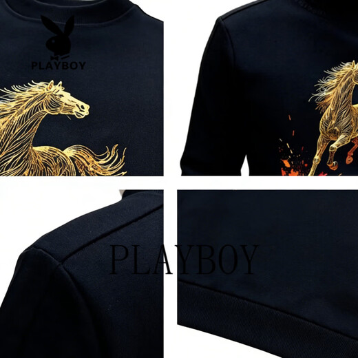 Playboy Chinese style red sweatshirt for men 2026 spring round neck long-sleeved sweatshirt bottoming shirt national trend plus velvet gray M 90-100Jin Jin is equal to 0.5 kg