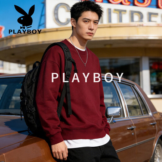 Playboy (PLAYBOY) round neck sweatshirt for men 2026 spring new American retro simple versatile loose couple tops bottoming shirt red 3XL recommended 190-220Jin Jin equals 0.5 kg