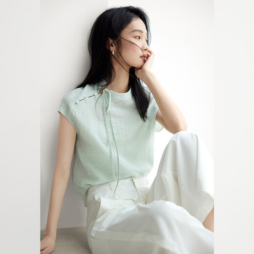 Dialogue (DUIBAI) new Chinese style linen texture short-sleeved shirt for women 2026 summer new style unique and beautiful short national style shirt light water green M