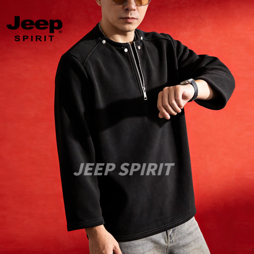 JEEP SPIRIT American retro stand-up collar zipper sweatshirt for men and women, trendy loose casual sports long-sleeved top for men and women, black S