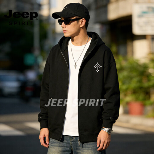 JEEP SPIRIT trendy brand hooded cardigan sweatshirt men's 2026 spring new loose versatile casual jacket men's top black S