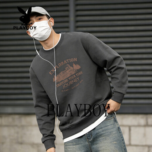 Playboy round neck sweatshirt men's loose large size 2026 spring and autumn new bottoming shirt men's long-sleeved T-shirt top dark gray S 95-120Jin Jin equals 0.5 kg