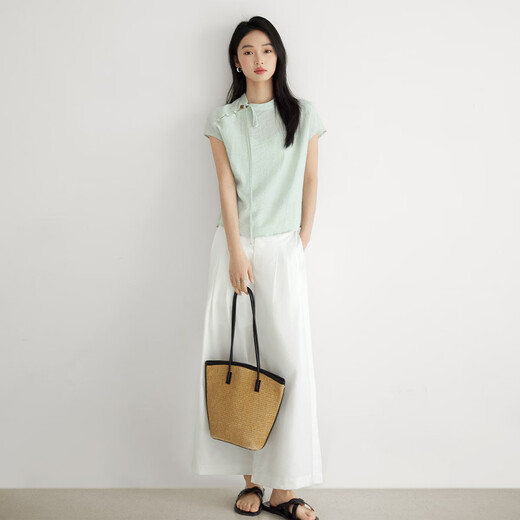 Dialogue (DUIBAI) new Chinese style linen texture short-sleeved shirt for women 2026 summer new style unique and beautiful short national style shirt light water green M