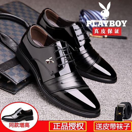 Playboy Lederschuhe für Männer Neue echte Ledergeschäft formelle Wear Herren speicherte Zehen Schnürhochzeit Bräutigam Männerschuhe für Männer H9928 Schwarze Höhe Erhöhung 41