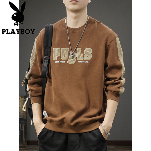 Playboy (PLAYBOY) sweatshirt men's spring new fashion bottoming high-end round neck trendy brand simple long-sleeved tops handsome casual jacket light brown L (about 120-135Jin Jin equals 0.5kg can be worn)