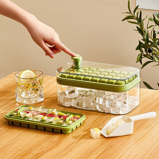 OIMGOI Ice Cube Mold Grid Ice Cube Box Frozen Ice Cube Food Grade Freezer Mold Refrigerator Automatic Ice Remover Box Color Box Extra Large Fruit Green Press Set 32 Grids Free Ice Shovel
