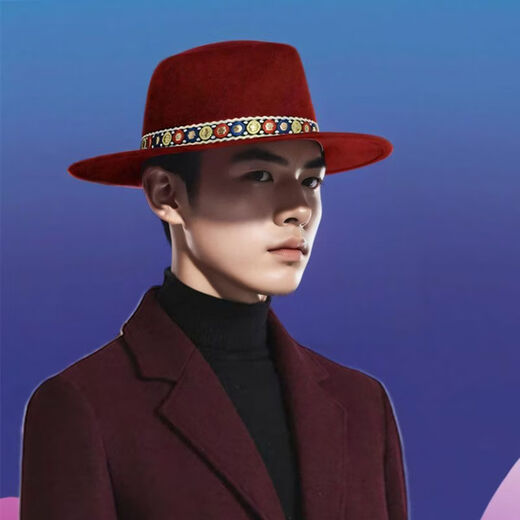 Hengyuanxiang woolen top hat for men and women, new European and American fashion flat top hat, British style dance temperament, casual jazz hat, woolen ethnic style ball sapphire blue, hat circumference 54-58CM