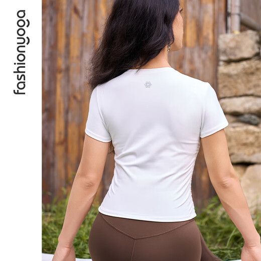 Fansheng Yoga summer breathable naked waist slimming quick-drying Pilates exercise round neck pleated waist short sleeve FC14353 without chest pad naked white XL