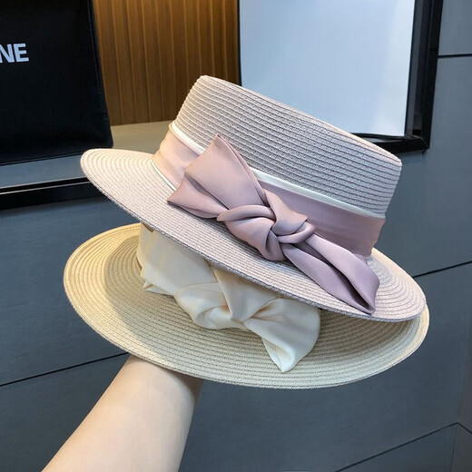 Hengyuanxiang straw flat top hat high-end socialite bow straw hat summer travel to the seaside sun protection beach hat women light khaki color adjustable