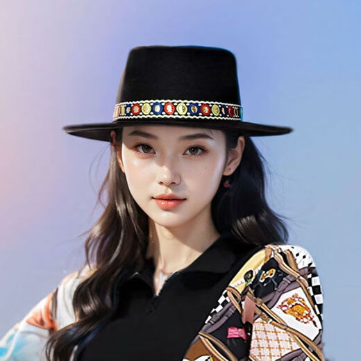 Hengyuanxiang woolen top hat for men and women, new European and American fashion flat top hat, British style dance temperament, casual jazz hat, woolen ethnic style ball sapphire blue, hat circumference 54-58CM