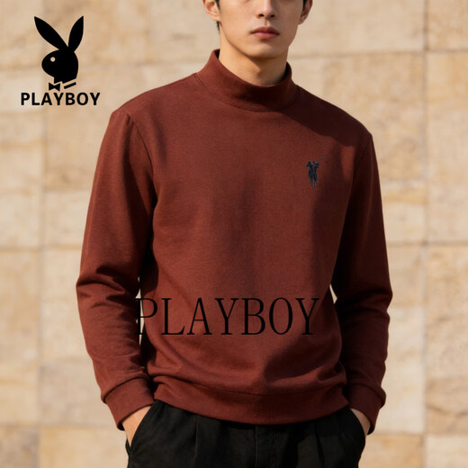 Playboy (PLAYBOY) American turtleneck half-zip sweatshirt for men 2026 spring velvet warm loose large size casual bottoming shirt orange red M 80-100Jin Jin equals 0.5 kg