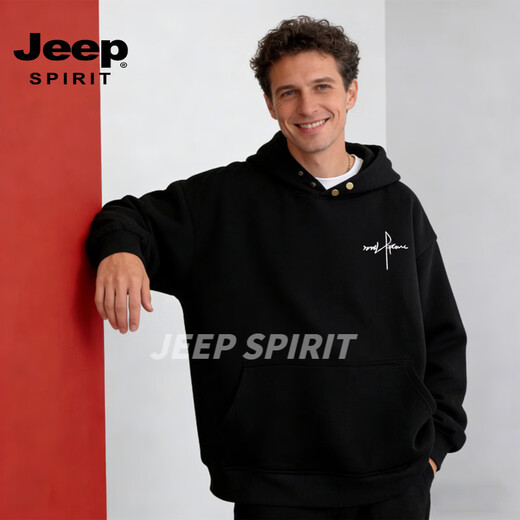 JEEP SPIRIT American hooded sweatshirt for men plus velvet to keep warm 2026 winter loose casual versatile couple tops jacket black S