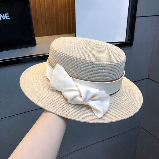 Hengyuanxiang straw flat top hat high-end socialite bow straw hat summer travel to the seaside sun protection beach hat women light khaki color adjustable