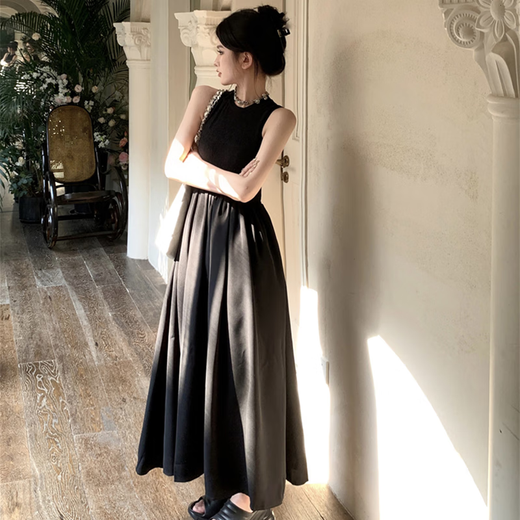 Ono seven days black sleeveless French little scent style dress for women in summer retro temperament Hepburn pure temperament high-end long skirt French retro dress L