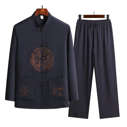 青潮尚中国风刺绣套装男中式盘扣衬衫婚礼生日祝寿礼服唐装夹克男两件套 C211红色 XL /41