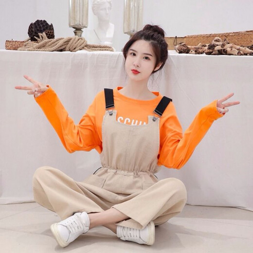 
Langwei Feray autumn pants overalls for female students Korean style loose high waist nine-point straight wide-leg work clothes casual pants winter 829 single piece black overalls L
