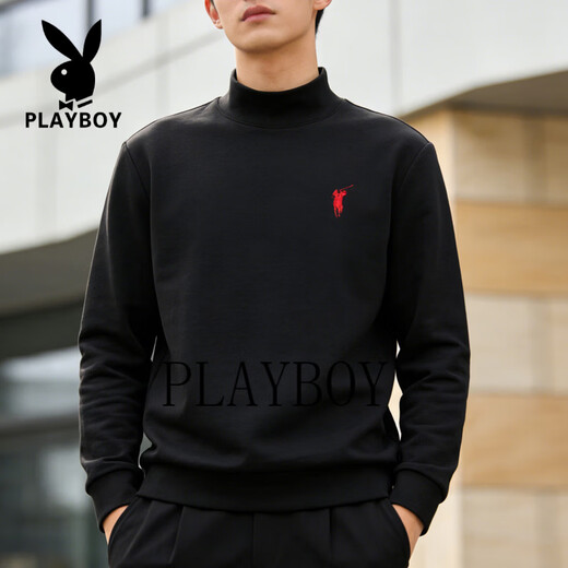 Playboy (PLAYBOY) American turtleneck half-zip sweatshirt for men 2026 spring velvet warm loose large size casual bottoming shirt orange red M 80-100Jin Jin equals 0.5 kg