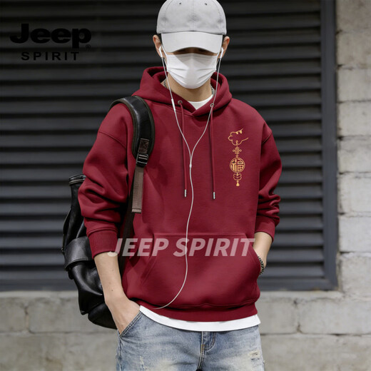 JEEP SPIRIT American Heavyweight Sweatshirt Men's 2026 Spring Loose Hooded Jacket Men's Velvet Thickened Top Men's Burgundy S