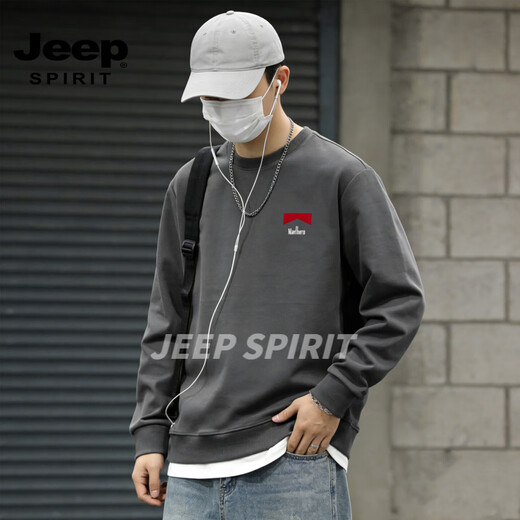 JEEP SPIRIT Sudadera de cuello redondo engrosada de terciopelo pesado americano para hombre, camisa informal holgada de primavera 2026, gris S