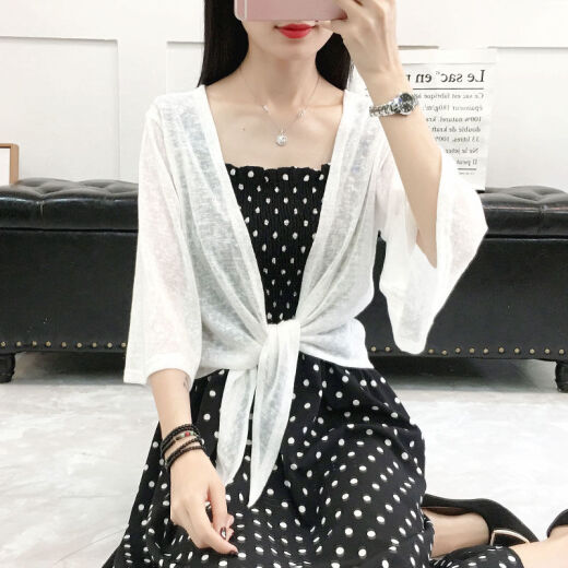 Shuman's new summer style small shawl for women, thin knitted sweater, cardigan, short jacket, top, air-conditioning shirt, white M