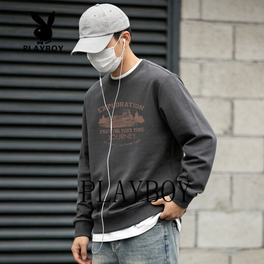 Playboy round neck sweatshirt men's loose large size 2026 spring and autumn new bottoming shirt men's long-sleeved T-shirt top dark gray S 95-120Jin Jin equals 0.5 kg