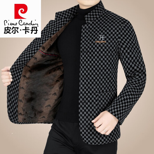 皮尔卡丹（pierre cardin）高档品牌秋冬季新款男装中年休闲立领男士夹克羊毛呢加绒爸爸外套 灰色 170/M(90-110斤)