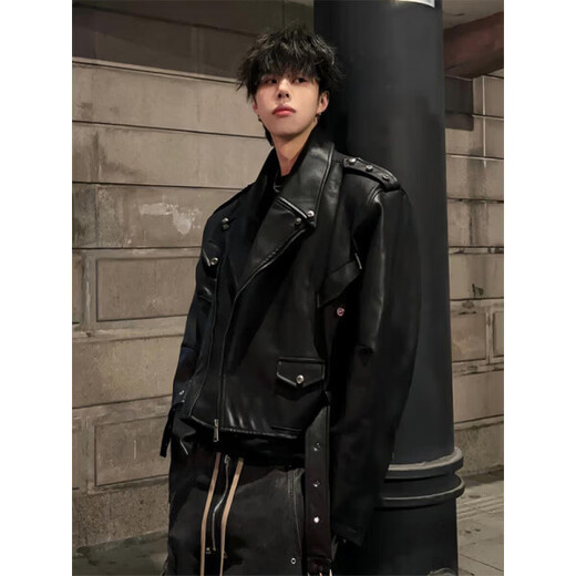 Xiaohongshu black short leather jacket for men cleanfit American street biker jacket silhouette wide shoulder rivets black high quality M