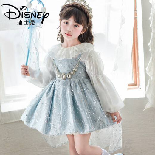 Disney (Disney) Girls Spring and Autumn 2026 New Elsa Lolita Dress Children's Baby Girl Birthday Dress Princess Gauze Skirt Set Skirt + Crown + Gloves 130 cm