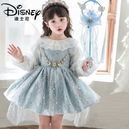 Disney (Disney) Girls Spring and Autumn 2026 New Elsa Lolita Dress Children's Baby Girl Birthday Dress Princess Gauze Skirt Set Skirt + Crown + Gloves 130 cm