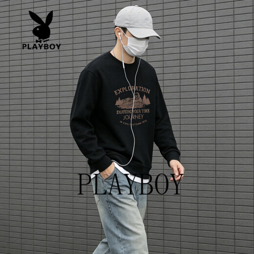Playboy round neck sweatshirt men's loose large size 2026 spring and autumn new bottoming shirt men's long-sleeved T-shirt top dark gray S 95-120Jin Jin equals 0.5 kg