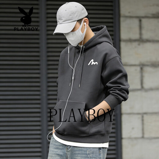 Playboy Hooded Sweatshirt Men's 2026 Spring New Loose Versatile Jacket Male Student Casual Sports Tops Men's Dark Gray S 95-120Jin Jin is equal to 0.5 kg