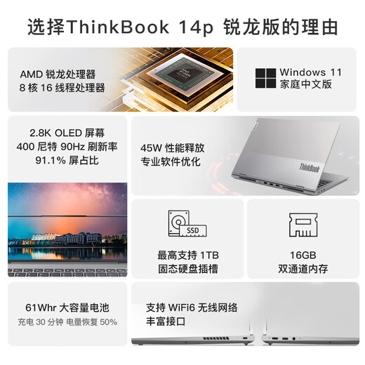 Lenovo ThinkBook 14p AMD Ryzen standard pressure 14-inch high-performance thin and light laptop customized R7-5800H 16G 1T 16 10 2.8K OLED Win10