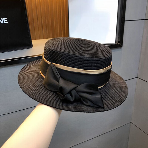 Hengyuanxiang straw flat top hat high-end socialite bow straw hat summer travel to the seaside sun protection beach hat women light khaki color adjustable