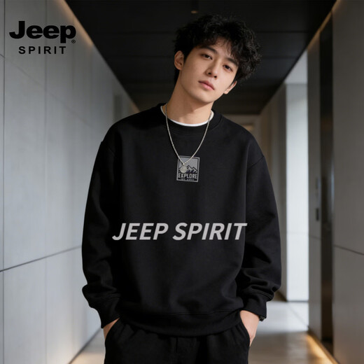 JEEP SPIRIT American heavyweight sweatshirt for men 2026 spring new daily casual loose round neck hooded top jacket for men black L 135-160Jin Jin equals 0.5 kg