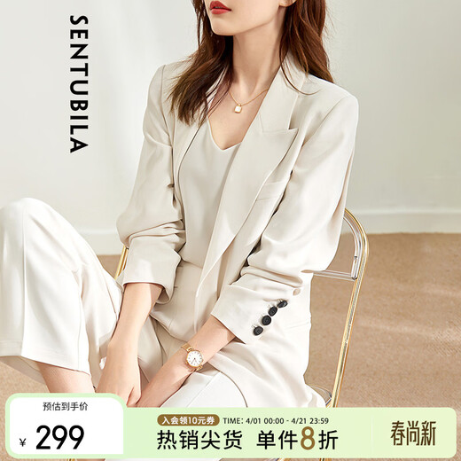 Shandubila temperament pleated three-quarter sleeves double-breasted suit jacket for women autumn new fashion casual small suit cream frost white jacket 6746 M