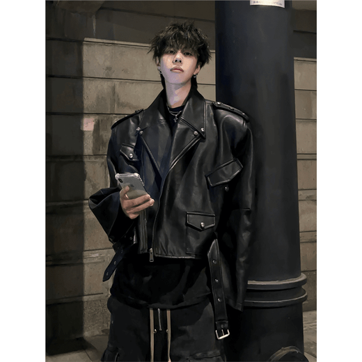 Xiaohongshu black short leather jacket for men cleanfit American street biker jacket silhouette wide shoulder rivets black high quality M