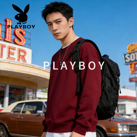 Playboy (PLAYBOY) round neck sweatshirt for men 2026 spring new American retro simple versatile loose couple tops bottoming shirt red 3XL recommended 190-220Jin Jin equals 0.5 kg