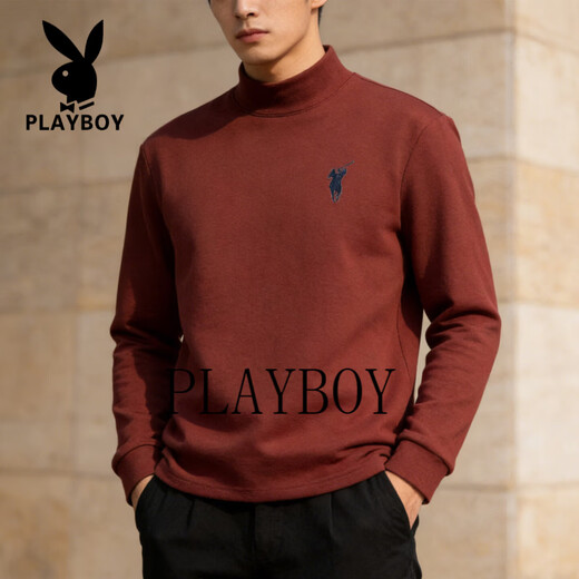 Playboy (PLAYBOY) American turtleneck half-zip sweatshirt for men 2026 spring velvet warm loose large size casual bottoming shirt orange red M 80-100Jin Jin equals 0.5 kg