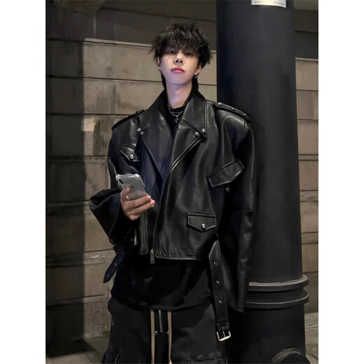 Xiaohongshu black short leather jacket for men cleanfit American street biker jacket silhouette wide shoulder rivets black high quality M