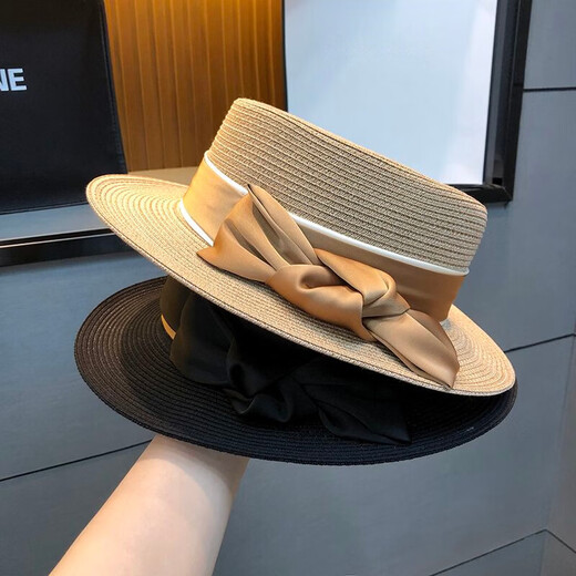 Hengyuanxiang straw flat top hat high-end socialite bow straw hat summer travel to the seaside sun protection beach hat women light khaki color adjustable