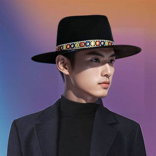Hengyuanxiang woolen top hat for men and women, new European and American fashion flat top hat, British style dance temperament, casual jazz hat, woolen ethnic style ball sapphire blue, hat circumference 54-58CM