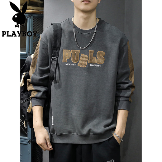 Playboy (PLAYBOY) sweatshirt men's spring new fashion bottoming high-end round neck trendy brand simple long-sleeved tops handsome casual jacket light brown L (about 120-135Jin Jin equals 0.5kg can be worn)