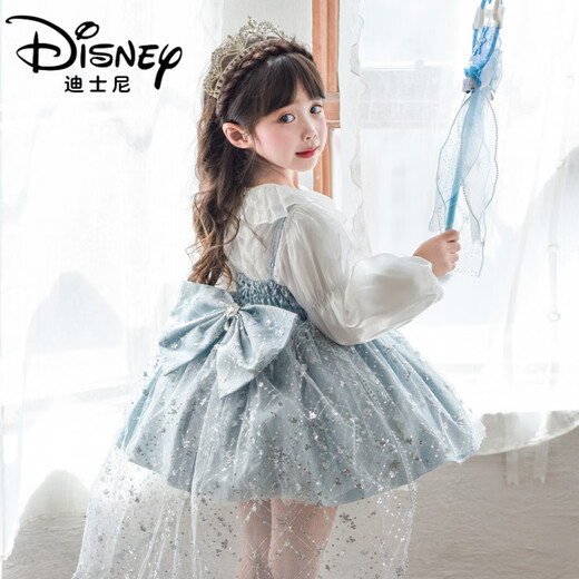 Disney (Disney) Girls Spring and Autumn 2026 New Elsa Lolita Dress Children's Baby Girl Birthday Dress Princess Gauze Skirt Set Skirt + Crown + Gloves 130 cm