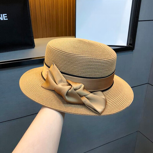 Hengyuanxiang straw flat top hat high-end socialite bow straw hat summer travel to the seaside sun protection beach hat women light khaki color adjustable