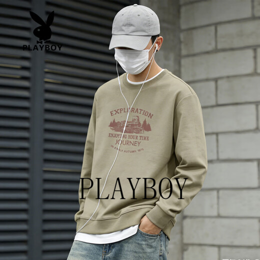 Playboy round neck sweatshirt men's loose large size 2026 spring and autumn new bottoming shirt men's long-sleeved T-shirt top dark gray S 95-120Jin Jin equals 0.5 kg