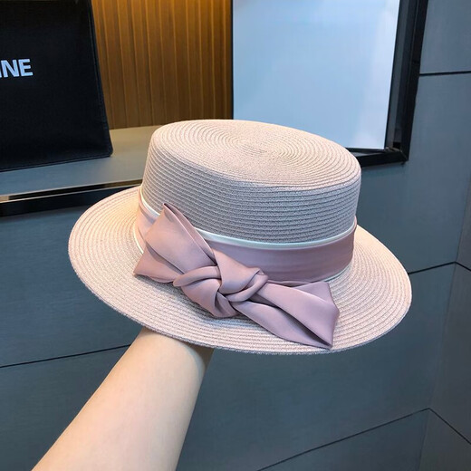 Hengyuanxiang straw flat top hat high-end socialite bow straw hat summer travel to the seaside sun protection beach hat women light khaki color adjustable