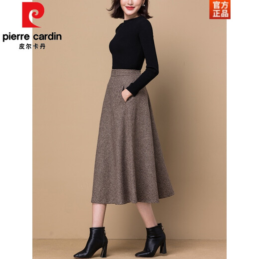 Pierre Cardin (Pierre Cardin) temperament women's woolen A-line skirt women's spring autumn and winter skirt mid-length retro high-waist large size mid-length skirt gray and white houndstooth L